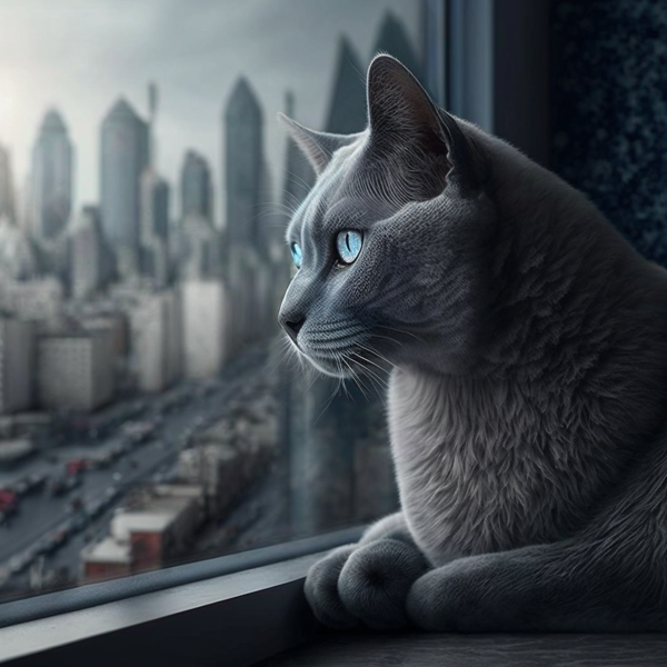 A captivating image of a gray cat with piercing Blue Eyes, exhibiting both grace and intensity.-banrupi