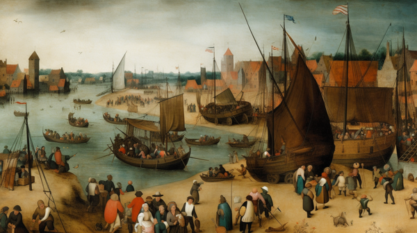 An image of a painting of a Ship . A busy Harb-banrupi