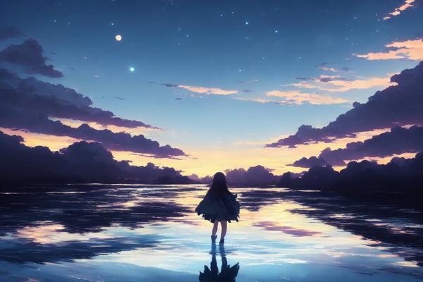 An image of a anime character girl walking on a water ripples-banrupi