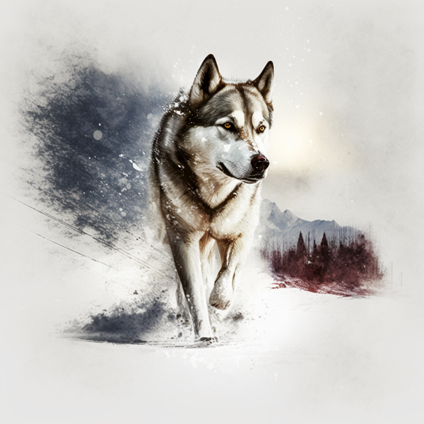 The image depicts a majestic and alert Husky sled dog with piercing blue eyes and a  thick coat of fur, embodying the breed's hardworking and loyal nature in the challenging Arctic environment.-banrupi