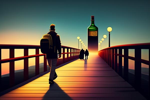 This is an image of a young man walking on the bridge . Heading towards the direction to the big Bottle-banrupi