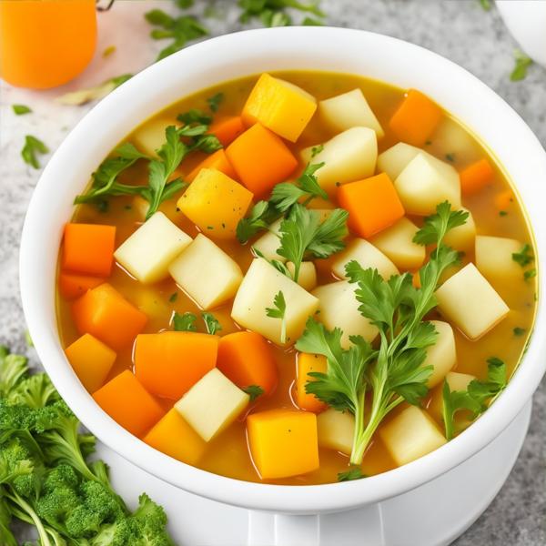 This image shows  A Bowl of Vegetable broth peeled Potatoes-banrupi