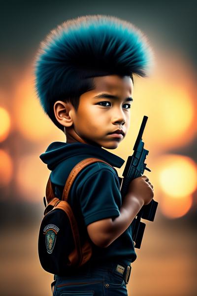 This is an image of a little boy on a punky style attitude carrying a Gun-banrupi