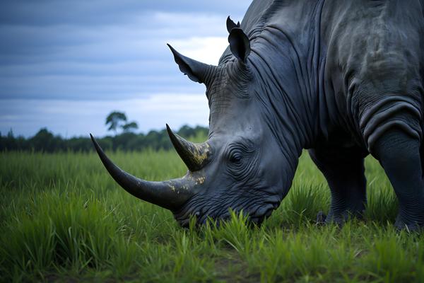 Download: Awe-inspiring photograph of a wild rhinoceros feeding on a rich green grass field, its magnificent presence and raw beauty dominating the natural scene.-banrupi