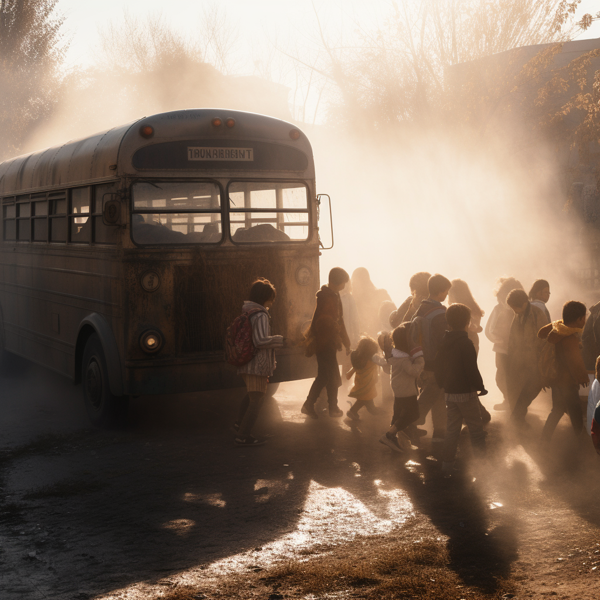 An image of a School Bus full of Student Making Mess Around the Road .-banrupi