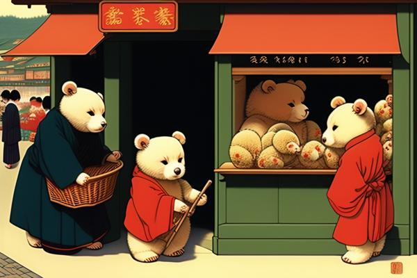 A image of a Teddy Bear family shopping on the street of Japan.-banrupi