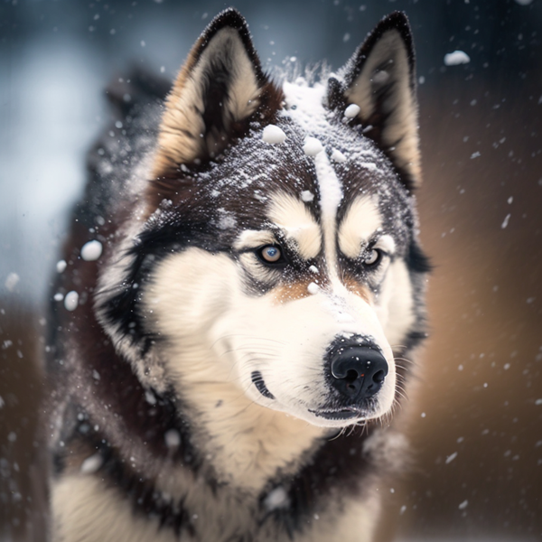 A Husky dog walking in a snowstorm illustrated image depicts a strong sled dog bravely navigating through a winter wonderland amidst snowflakes and icicles.-banrupi